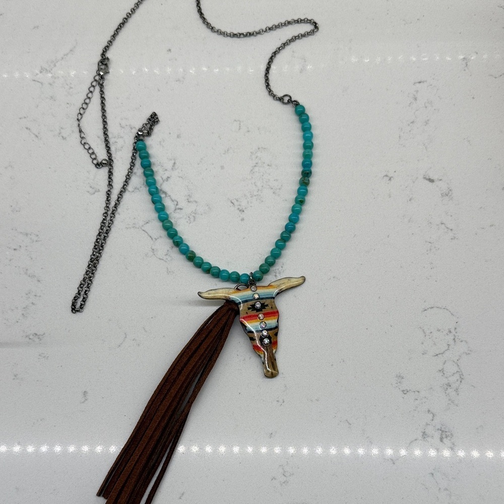 Turquoise longhorn Beaded Necklace with Bull Pendant